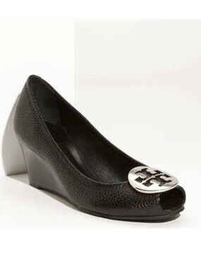 Tory Burch Sally Black Leather Peep Toe Wedge Size 6